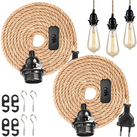 2 pièces suspension avec interrupteur et prise, Douille E27, corde de chanvre de 4,5 m, lampe vintage, câble de lampe suspendue, suspension, suspension DIY, lampe suspendue pour entrepôt, ferme (1/5)