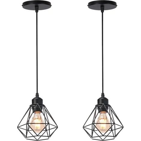 U-Do 2Pcs Lustre Suspension design Vintage Lampe Cage forme Diamant mini en Fer Noir E27 Plafonde Brillant pour Salon Cuisine (1/4)