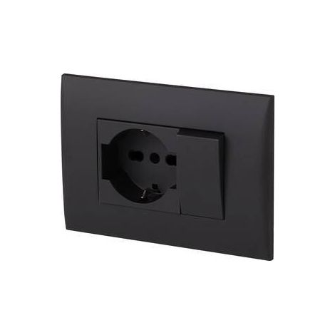 PLACCA C/SUPP PULSANTE+PRESA BIPAS SCHUKO NERO
