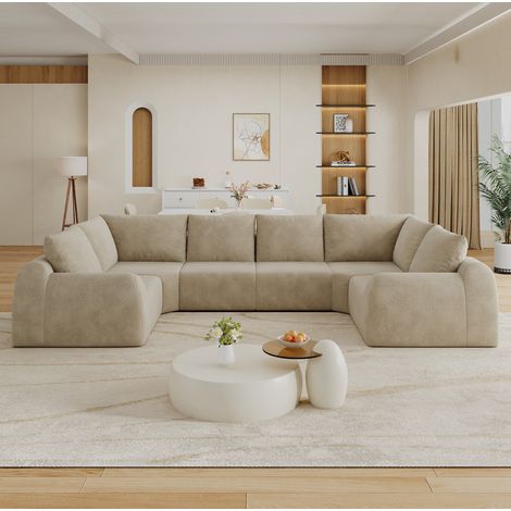 Divano U a 6 posti in tessuto chenille color kaki 344 cm MODENUIT (1/5)