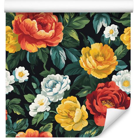 Papier peint à motifs floraux esthétiques, vert bouteille, rouge et or, 50 x 1000 cm (1/5)
