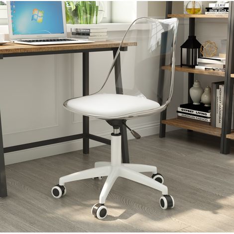 Chaise de bureau pivotante transparente en métal et plastique blanc, hauteur réglable, roulettes, 360°,54×54×0cm (1/5)