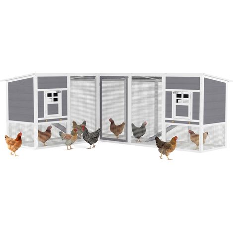 PawHut gallinero de madera grande exterior, jaula para gallinas para esquina, con 2 nidos, corral, bandejas extraíbles, rampas, 251x192x103 cm, gris