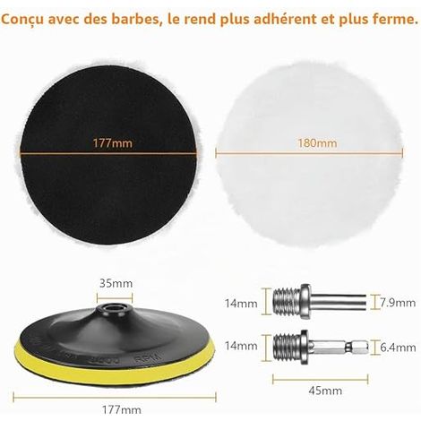 Tampon Polissage en Laine, 180mm Disque de Polissage M14 et Tige Hexagonale Adaptateur Foret, Kit Polissage Voiture pour Ponçage Polissage (1/4)