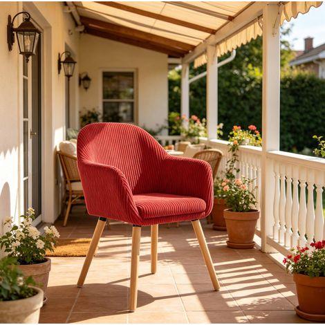 Silla de comedor de terciopelo rojo, respaldo y reposabrazos integrados, patas de madera maciza y metal (1/5)
