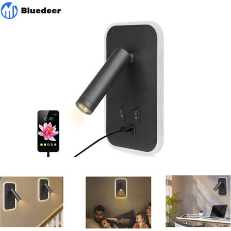 Applique Murale LED Noire avec Interrupteur et Port USB – Liseuse de Chevet à Intensité Réglable (3W Lumière Naturelle + 9W Lumière Chaude) – Idéale pour Chambre (1/4)