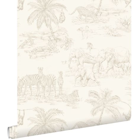 papier peint animaux de la jungle beige et blanc - ESTAhome (1/5)