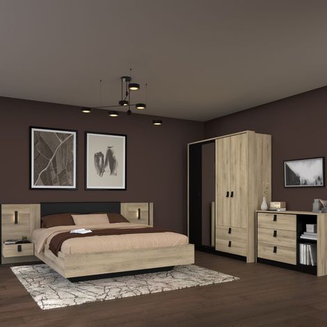 Chambre complète lit 140x190 avec 2 chevets suspendus 1 armoire 3P et 1 commode - ELOUAN (1/5)
