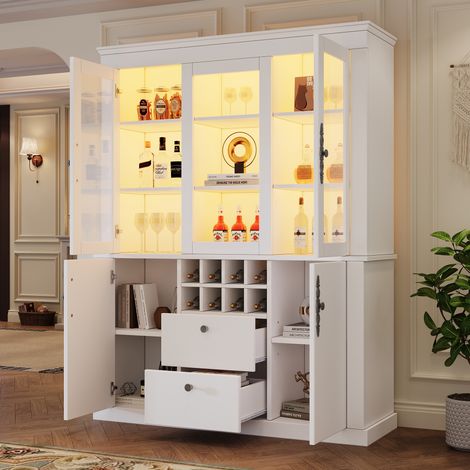 Vitrine haute LED 130 x 37,5 x 170,5 cm, 4 portes 2 vitrées, 2 tiroirs, 8 casiers à vin, étagères réglables, Grand Rangement, Blanc (1/5)