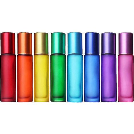 Set aus 8 farbigen Roll-on-Fläschchen aus dickem, mattiertem Glas mit je 10 ml (1/3 oz) Inhalt für ätherische Öle und Aromatherapie.
