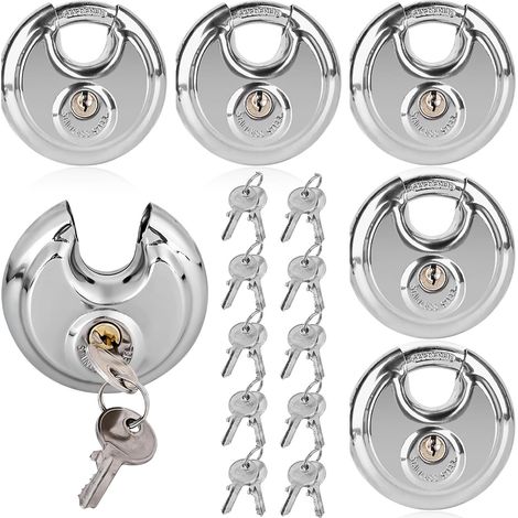 Lot de 5 cadenas à anse ronds de 60 mm, avec 10 clés, serrure ronde avec manille en acier inoxydable, serrure à disque ronde, résistant aux intempéries, serrure de sécurité (1/5)