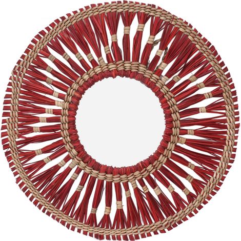 Miroir mural tissé en fibre de mer rond et rouge, décoration murale pour chambre et salon (1/4)