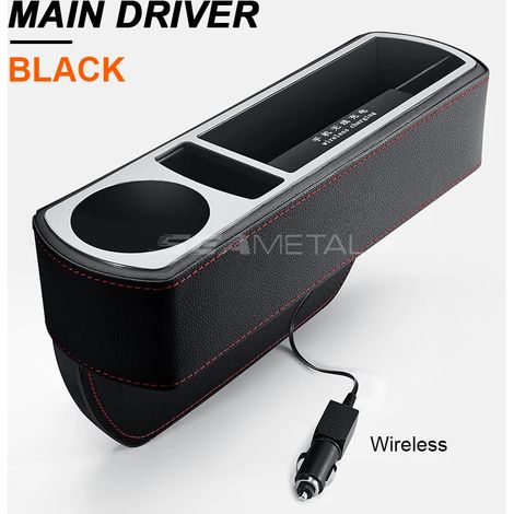(Noir sans fil L) Organisateur de siège auto avec chargeur USB/sans fil, boîte de rangement pour accessoires de voiture, rangement pour fentes et autres accessoires. (1/5)