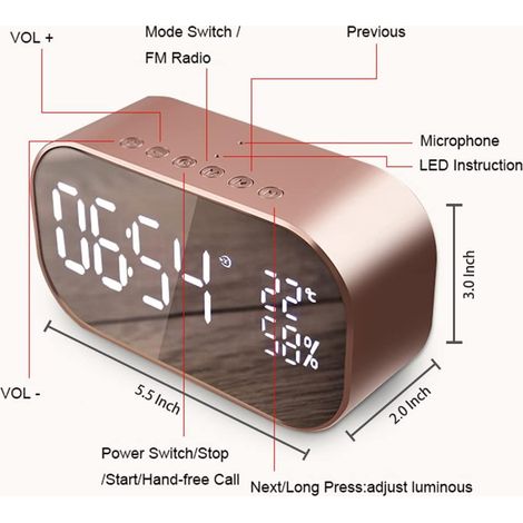Radiosveglia digitale con altoparlante Bluetooth, ricarica USB e riproduzione da scheda TF per ufficio - Oro rosa-ALTRO (1/4)