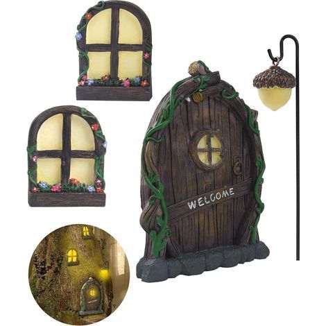 Lot de 4 statues miniatures Fairy Gnome pour fenêtre et porte, décoration de jardin, décoration d'arbres, porte de fée, porte de fée, fenêtre rétro et mystique, décoration de jardin (1/5)