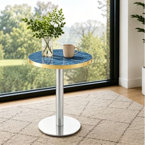 Table d'appoint ronde en MDF et métal, 60 cm, bleue, hauteur 73,7 cm, effet marbre (1/5)