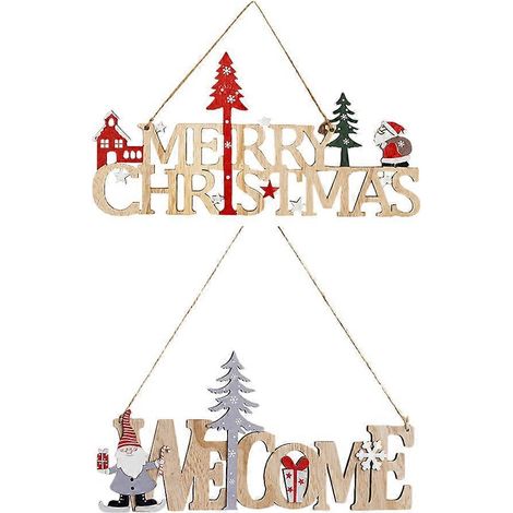 Lot de 2 décorations de porte en bois pour Noël, avec alphabet anglais, Père Noël classique et renne. Décorations originales pour sapin de Noël.-25.23.1cm