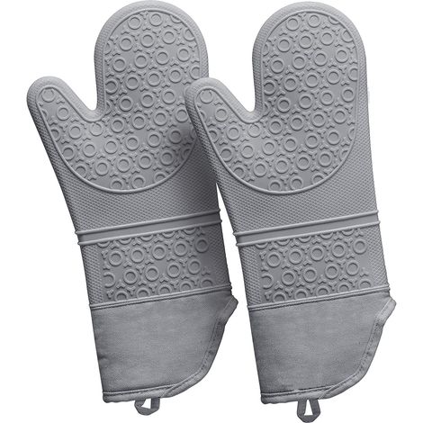 Gants de cuisine en silicone de 38 cm (14,94 po), résistants à la chaleur jusqu'à 230 °C (450 °F), imperméables, parfaits pour griller, cuire au four et préparer des grillades. Gris. (1/3)
