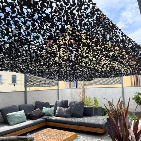 Filet de camouflage noir 3 x 4 m, filet d'ombrage extérieur résistant haut de gamme, protection solaire anti‑UV, différentes tailles, formes et couleurs, idéal pour terrasse, pergola et jardin (1/5)