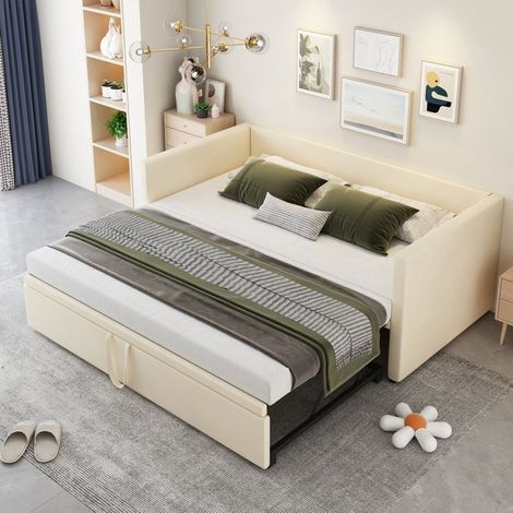 Lit - Lit capitonné extensible 90/180x200 - Sommier à lattes - Velours beige - Lit gigogne