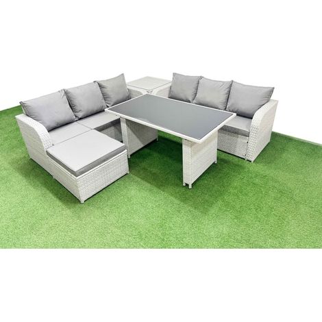 Fimous 7 Seater Rattan Outdoor Dining Table 3 Seater Sofa Set with Side Table Big Stool Light Grey (1/4)