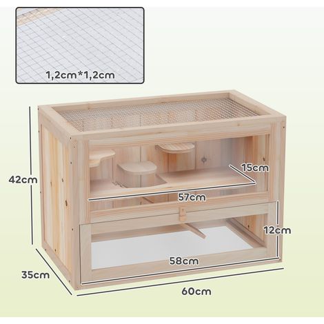 Hamsterkäfig aus Holz 2 Etagen 60 x 35 x 42 cm Nagerkäfig Kleintierkäfig mit aufklappbarem Gitterdach Trinkflasche Rampe Wippe Fütterungsstation Mäusekäfig für Zwerghamster Naturholz (1/5)