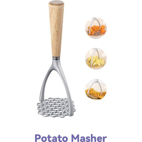 Presse-purée avec manche en bois, presse-pommes de terre manuel de cuisine, coupe-pommes de terre en aluminium pour purée de pommes de terre moelleuse (1/5)