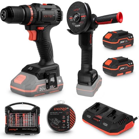 Kit Amoladora DGA-201BC ULTRA Dnipro-M, taladro CD-201HBC Compact Dnipro-M, set 41 piezas, discos, 2 baterías y cargador (1/5)