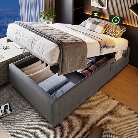 Lit rembourré simple 90×200 cm, lit de rangement Cadre de lit avec USB- C, sans tête de lit, Gris,Sans matelas (1/5)
