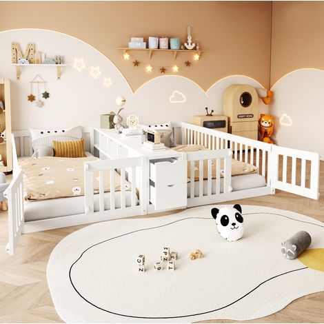 Letto per bambini 90x200 cm in legno bianco, con doppio posto letto, scaffale e 2 cassetti
