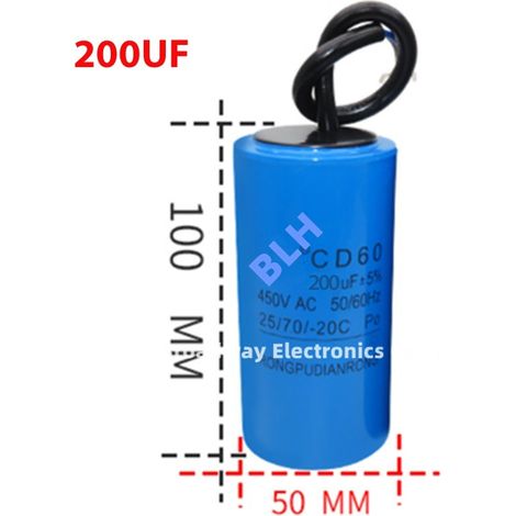 Condensateur de démarrage avec coque en plastique, cellule électrolytique, CD60, 450V, 450ylique, 200UF (1/3)