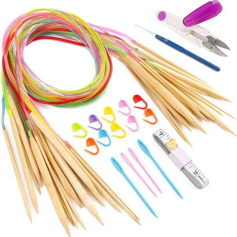 18 paia di ferri circolari in bambù per lavorare a maglia, lunghi 100 cm, di varie misure (2,5-10,0 mm), con accessori per maglia e uncinetto per gli appassionati di maglia.