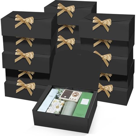 15-Piece Gift Box Set with Lids, 25cm x 20cm x 10cm Black Kraft Paper Gift Box, Bridesmaid Proposal Box with Gold Ribbon for Wedding, Anniversary, Christmas