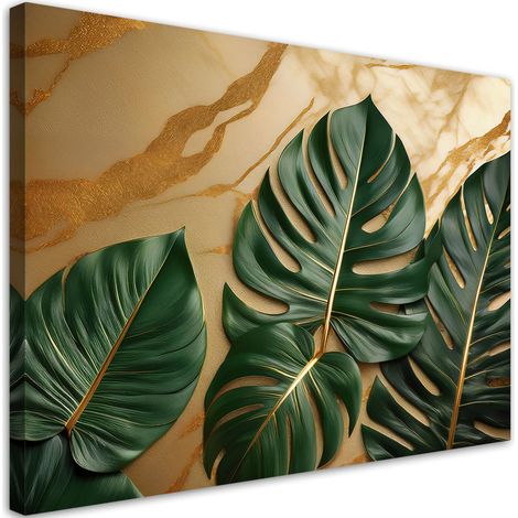 Tableau déco feuilles vertes sur fond de marbre 100x70 (1/5)