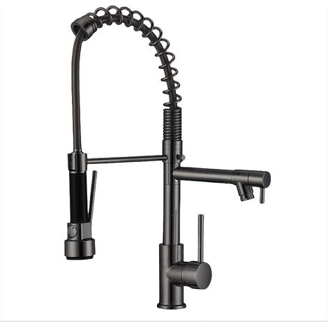Mitigeur d'évier de cuisine avec alimentation en eau chaude et froide, construction en laiton chromé, bec pivotant à 360°, pommeau extractible à un trou, mécanisme de mitigeur rotatif, double fonction (1/4)