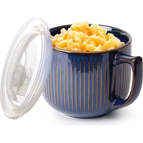 Bol à soupe avec poignées - 900 ml - Compatible micro-ondes - Avec couvercle - Pour soupe, nouilles et bouillie - Bleu (1/5)