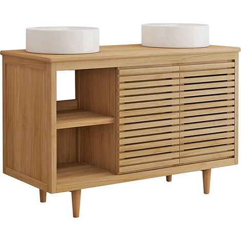 Mobile bagno su piedini in teak con doppio lavabo da appoggio rotondo in ceramica L120 cm - TORAJA (1/5)
