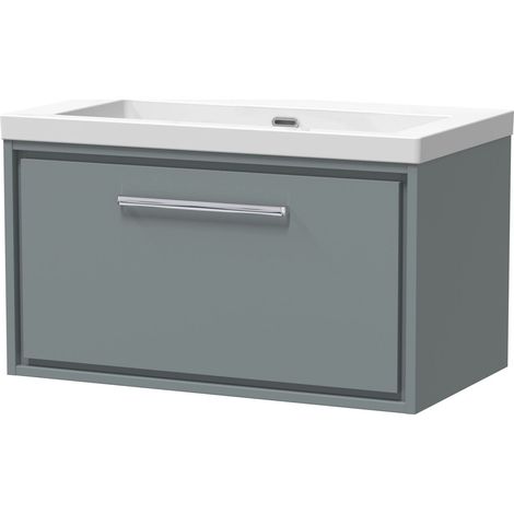 Balterley Longnor Modern Bathroom 1 Soft Close Drawer Wall Hung Vanity Unit Fireclay Basin, Coastal Grey, 800mm