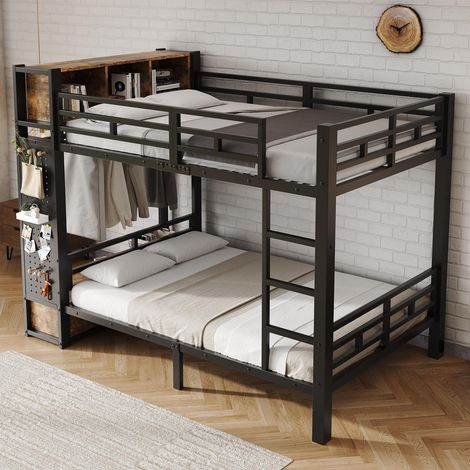 Lit superposé 120x200 cm, lit mezzanine avec armoire de rangement tringle à vêtements et panneau perforé, structure en métal et bois 2 places, Noir (1/5)