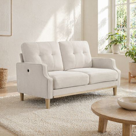Canapé 2 places 135x72x85 cm beige avec USB, dossier capitonné, tissu et bois MEUBLIV (1/5)