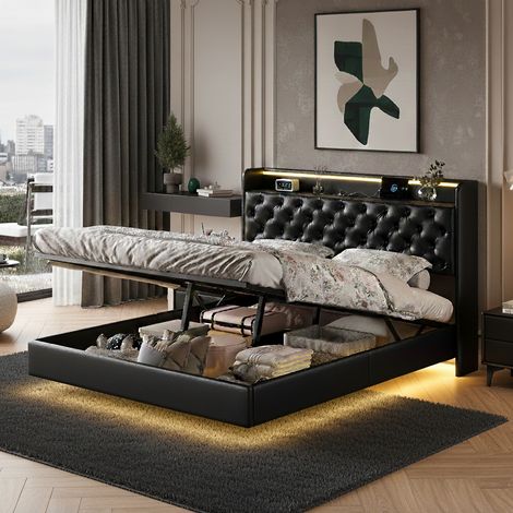 Lit coffre 140x200, cadre de lit double avec sommier, éclairage LED et USB, tête de lits avec étagères ouvertes, lit 2 personnes effet flottant, PU, noir (1/5)