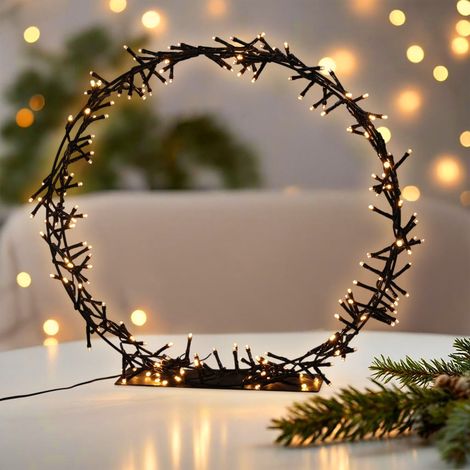 LED Ring schwarz mit Standfuß - 38 cm - Metallkranz warm weiß beleuchtet mit Timer - Clusterring Lichterkette Advent Weihnachten Dekoration für Innen und Außen