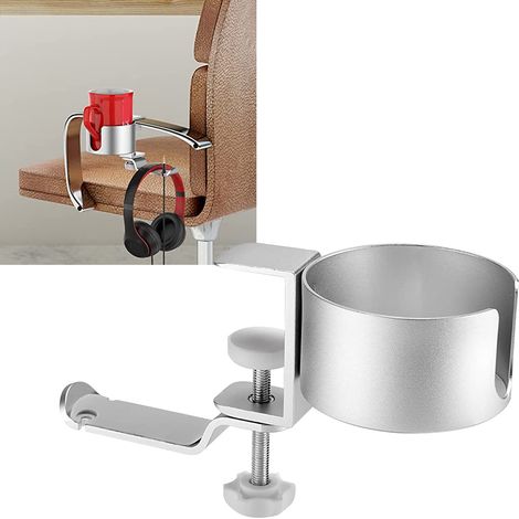 2-in-1 drehbarer Kopfhörer- und Getränkehalter für den Schreibtisch – Silbernes Metall (1/5)