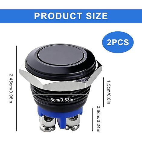 Black Push Button 16 mm, 12V Momentary Waterproof (1/4)