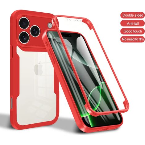 (Rouge, iPhone 15 Pro Max) Coque de téléphone transparente ultra-mince et luxueuse, protection intégrale de l'écran à 360° contre les chutes. (1/4)