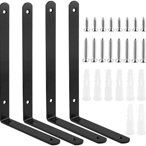 Equerres deetageres, 255 x 150 mm, supports deetageres flottants robustes, 4 pieces, supports pour etageres en L noir mat de 5 mm deepaisseur, en acier avec une capacite de charge de 72,6 kg (1/3)
