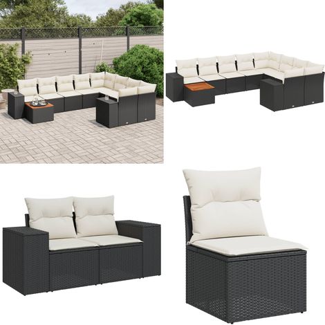 Salon de jardin 10 pcs avec coussins noir résine tressée - Salon De Jardin - Meuble De Jardin - Ensemble Salon Extérieur - Canapé Jardin - Table Basse Jardin - Home & Living (1/5)