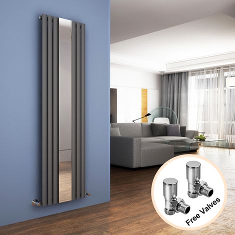 ELEGANT 1800 x 500 mm Designer Anthracite Vertical Column Mirror Rads Single Oval Panel Designer Bathroom Radiator + Angled Radiator Valves (1/5)