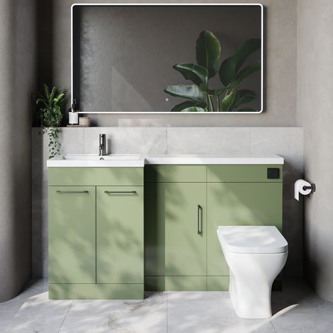 Napoli 390 Olive Green 1500mm 3 Door Vanity Unit Toilet Suite with Left Hand Square Lucia Basin - 1500mm - Gunmetal Grey 160mm HandleWith Kingston Toilet Pan and Seat