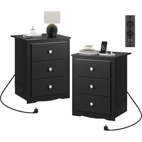 Table de chevet WLIVE 3 tiroirs – Station charge USB + prise – Noir – Lot de 2 – Chambre, salon, bureau (1/5)
